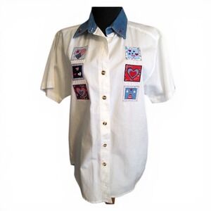 Vintage Bobbie Brooks white embroidered cotton Denim flags hearts Medium America